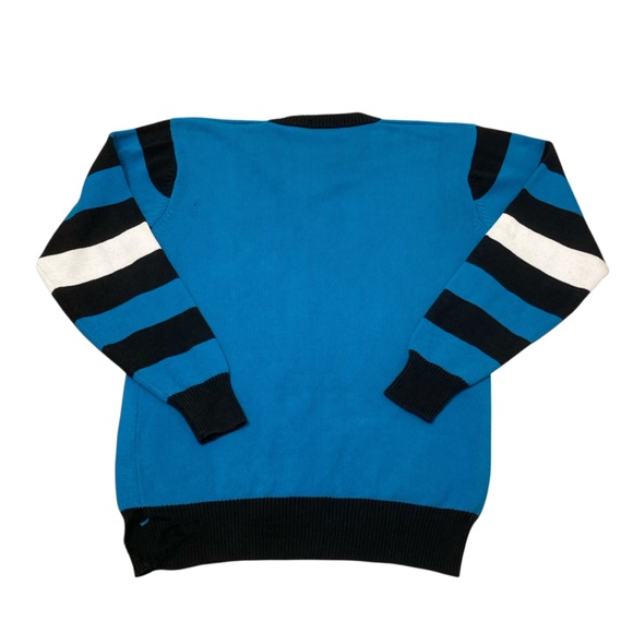 Vintage 80’s Striped Geometric Sweater Black Blue Retro Men’s Large FLAWED - Picture 5 of 7